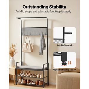 Porte-manteau autoportant de 72 pouces avec banc à chaussures, organisateur de rangement à 2 niveaux, crochets et tringle de suspension, armoire de hall avec étagère à chaussures en fil métallique - Product Image 6