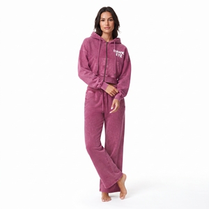 Conjunto de Sudadera con Capucha y Bolsillo Canguro con Cordón y Pantalones Jogger de Pierna Ancha para Mujer, con Lavado Ácido, Hombro Caído y Cremallera Completa, Venta al por Mayor Personalizada - Product Image 2