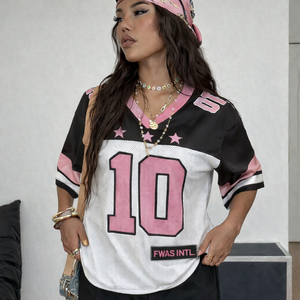 Camiseta Deportiva Personalizada para Mujer, Cuello en V, Estilo Oversize, Malla Deportiva, Poliéster, Número Gráfico, Moda Urbana, Estilo Fútbol Americano, OEM USA - Product Image 3