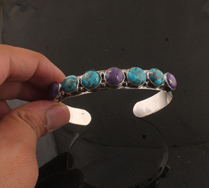 Blue & Purple Copper Turquoise Bangle 925 Sterling Silver For Women Vintage Bohemian Style <b>Gemstone</b> <b>Bracelet</b> Handmade Jewelry - Product Image 1