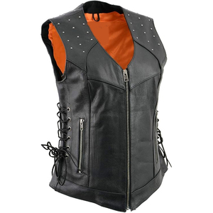 Samroz Sports Women's Classic Black Leather V-Neck <b>Riveted</b> Motorcycle Rider Vest with Side Lace - Product Image 3