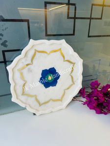 Plateau de service rond en marbre blanc poli à motif floral, fait main, pour la décoration de la maison et les fruits secs - Product Image 5