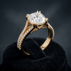 10k 14k 18k Yellow Gold <b>Cushion</b> Cut Lab Grown Diamond Criss Cross Split Shank Pave Set Accent Diamond Band Halo Engagement <b>Ring</b> - Product Image 3