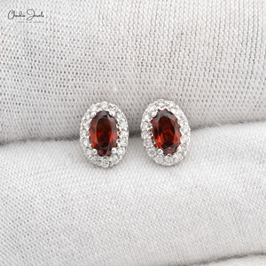 Envío Rápido, Pendientes de Oro Blanco Sólido de 14k con Granate, Corte Ovalado de 5x3mm, con Halo de Diamantes, Certificados por IGI, Joyería para Regalo - Product Image 4