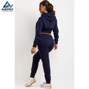 2026 Best Sale Product Zip Front Navy Color Ladies Gym <b>Crop</b> Tracksuits, Long Sleeve <b>Crop</b> <b>Tops</b> Pants Casual Wear Tracksuit Set - Product Image 5