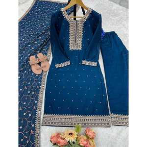 PANTALÓN SUPERIOR DE TRABAJO DE UNIFORME DE HOSPITAL CON BORDADO DE SEDA FANCY con DUPATTA AZUL MARINO - Product Image 6