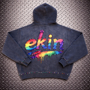 Ekin Custom Grey 100% Cotton <b>Fleece</b> Embroidered Oversize Boxy Acid Washed Rhinestone Dtg Print Hoodie - Product Image 2
