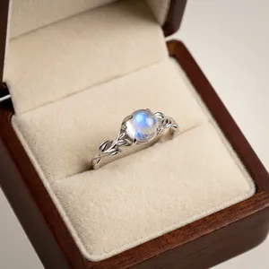 Anillo de compromiso vintage de plata de ley con piedra de luna azul arcoíris, diamante y perla de agua dulce, engaste de canal, certificado por terceros, fino. - Product Image 6