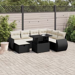 Set divano da giardino in rattan bianco crema e nero con cuscini, 6 posti, mobili da esterno, design contemporaneo - Product Image 1