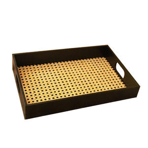 Bandeja Rectangular Negra Hecha a Mano de Madera y Ratán con Asas, Bandeja Decorativa de Mimbre para Servir, para Mesa de Centro, Hotel, Decoración del Hogar - Product Image 1