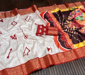 Collection de saris brodés de luxe Durga Utsav |   Tissus traditionnels hérités, élégance moderne, pure soie de litchi, mariage Diwali - Product Image 3