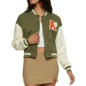 2025 Top Trending Custom Logo Mujer 100% Algodón Fleece Varsity Chaquetas Cropped Ladies University Chaquetas Bordado Piel de oveja - Product Image 5