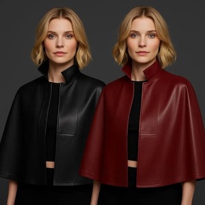 Cape en peau de mouton noire et rouge, manteau poncho gothique pour femme, cape en cuir faite à la main - Product Image 4
