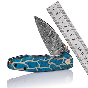Cuchillo Plegable DIY OEM de Acero de Damasco de 18.5cm con Hoja de Punta Caída, Mango de Micarta con Huella Dactilar, Bloqueo Liner Lock, Cuchillo EDC para Camping, Funda de Cuero - Product Image 1