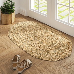 Oval Jute Area <b>Rug</b> Handcrafted Braided Flat Weave Bohemian Style Living Room Use Solid Color Spot Clean <b>Thin</b> Thickness - Product Image 2