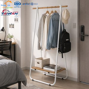 Porte-manteau en métal et bois sur pied avec étagère de rangement pour vêtements, fabriqué à Taïwan - Product Image 4