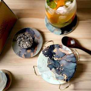 Classic Marble <b>Coaster</b> <b>Set</b> With Gold Holder Elegant Design Timeless Luxury Home Decor for Coffee Table Tea Coffee Drinks - Product Image 1