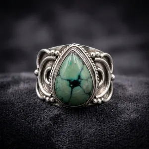 Anillo de cóctel de plata de ley 925 con turquesa tibetana, engaste de bisel vintage, joyería étnica bohemia llamativa, unisex, para uso diario - Product Image 4
