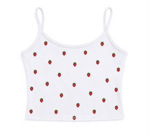 Women's White Strawberry Print 2 Piece Set Sleeveless Crop Top <b>Shorts</b> Casual Summer Wear Outfit Breathable Regular Fit - Product Image 3