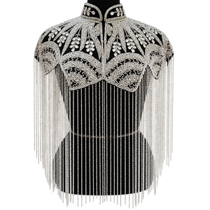 Capa negra y plateada con cuentas, bordado intrincado y flecos largos para chaqueta de boda y ropa de moda. - Product Image 1