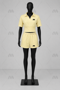 Ensemble décontracté d'été pour femme : crop top polo jaune et short côtelé avec logo brodé - Product Image 2