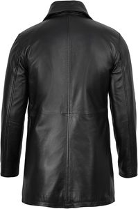 Manteau long en cuir véritable noir pour homme, col rabattu, simple boutonnage, vêtement d'hiver formel - Product Image 3