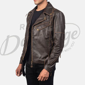 Veste de motard en cuir marron foncé pour homme, style vintage vieilli, en véritable peau de mouton, coupe ajustée, automne-hiver, avec ceinture - Product Image 5