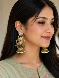 Designer <b>Green</b> Zircon Antique Gold Plated Flower <b>Chandelier</b> Earrings Women Traditional Ethnic Pearl Drop Bridal Wedding Party - Product Image 3