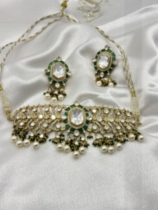 Conjunto de Collar Puayi de Plata de Ley 925 con Acabado Dorado Antiguo, con Piedras de Circonio Verde Esmeralda y Gotas de Perla, Collar Tradicional para Boda - Product Image 6