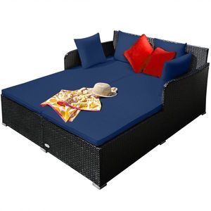 Divano Letto da Esterno in Rattan Blu Navy con Eleganti Cuscini Imbottiti per Divani da Giardino - Product Image 4