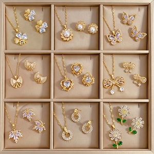 Parure en cuivre plaqué or avec zircon, chaîne en acier inoxydable, boucles d'oreilles et collier fleur papillon, bijoux pour femme - Product Image 5