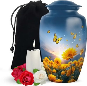 <b>Top</b> Hot Selling Beautiful Yellow <b>Butterfly</b> Aluminium Large Cremation Funeral Ashes Urn Decorative Large Memorial Adult Ashes Urn - Product Image 1