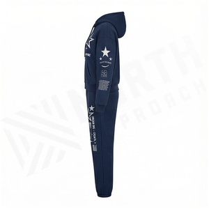 Women Navy Blue Hooded Tracksuit Set Printed <b>Star</b> Design Full Sleeve Zipper Front Sweatshirt & Jogger Pants Casual Autumn Wear - Product Image 3