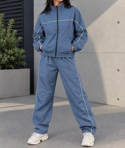 Custom <b>Woman</b> Nylon Winter Washed Solid Tracksuit Set Midweight Contrast Piping Windbreaker Zip Jacket Pant 2 Piece <b>Sweatsuit</b> - Product Image 2