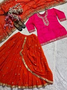 Traje Salwar Kameez de Diseño para Mujer, Estilo Bollywood, para Bodas y Fiestas, Estilo Gharara, Seda Malaya Pesada de Secado Rápido - Product Image 4