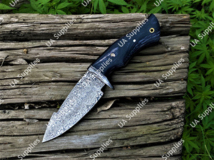 มีดล่าสัตว์เหล็กดามัสกัส ใบมีดคงที่ ด้ามไม้ปักก้า ปลอกหนัง ทำมือ สำหรับตั้งแคมป์กลางแจ้ง ปลายใบมีดแบบดรอปพอยต์ รับผลิตตามแบบ OEM - Product Image 6