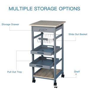 Chariot de cuisine roulant gris moderne avec plateau coulissant, panier réglable, matériaux durables en métal, plastique, bois, MDF et fer - Product Image 4