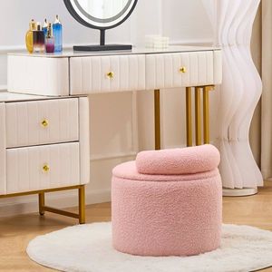 Modern Round Teddy Velvet Upholstered Storage Ottoman with Low Back Plush Footrest for Bedroom & Living Room Loung - Product Image 2