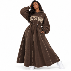 Street Fashion Maroon <b>Sherpa</b> Women's <b>Hoodies</b> Dress OEM Custom Distressed Applique Drawstring Waist Flared Tracksuit Heavy Fleece - Product Image 5