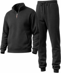 Ensemble de survêtement décontracté pour homme, vert olive, anti-boulochage, délavé à l'acide, avec demi-fermeture éclair, manches longues, couleur unie, pantalon à cordon de serrage, coupe droite - Product Image 3