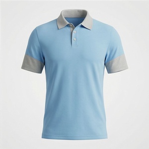 Polo à manches courtes bleu clair pour homme, tricot uni, coupe décontractée, col et poignets gris - Product Image 1