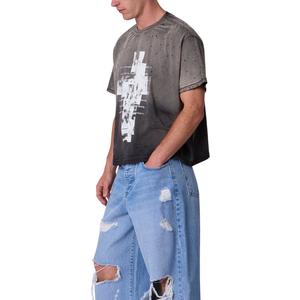 T-shirt pour homme à col rond et manches courtes, motif abstrait sur le devant, coupe ample délavée, style streetwear, vente en gros, personnalisable OEM, en jersey de coton - Product Image 5