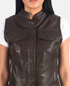 Chaleco de moto para mujer, ligero, con relleno de poliéster, de cuero PU marrón, con cuello mandarín y bolsillos, sin mangas, longitud regular, 220g - Product Image 5