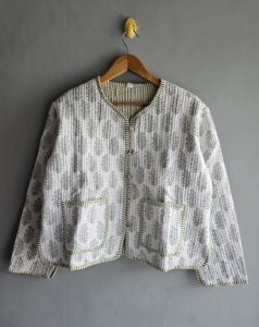Quilted Cotton <b>Jacket</b> <b>Women</b> V Neck Floral Print Three Quarter Sleeve <b>Spring</b> Lightweight Outerwear gift for her - Product Image 1