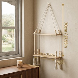 Elegant Macrame Hanging Shelf With Wooden Base Beads And Tassels For Living Room Bedroom Decor Storage And Display From India - Product Image 4