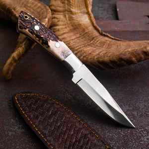 Cuchillo de Caza Hecho a Mano Personalizado con Mango de Asta de Ciervo, Ideal para Desollar y Cortar, OEM Disponible, Hoja Fija, Funda de Cuero - Product Image 1