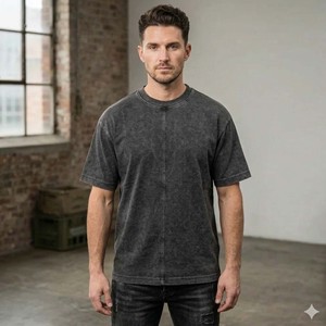 Camiseta de Algodón Tejido de 350 g/m² Personalizada, Color Negro Deslavado, Estilo Vintage, Corte Holgado, Ropa Urbana para Hombre, Secado Rápido - Product Image 3