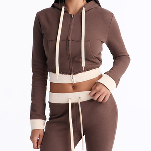 Women's 2 <b>Piece</b> Brown Cropped Hoodie And Wide Leg Sweatpants <b>Set</b> Casual <b>Lounge</b> Outfit Full Sleeve Distressed <b>Set</b> - Product Image 4