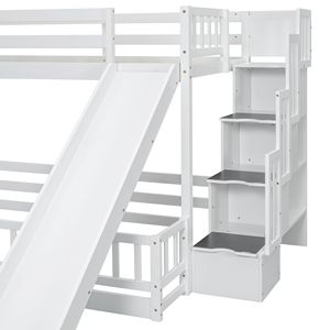 White Pine <b>Solid</b> <b>Wooden</b> Twin Over Full <b>Bunk</b> <b>Bed</b> with Slide Storage Staircase and Safety Guardrails Kids' <b>Beds</b> - Product Image 3