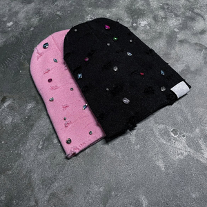 Custom <b>Purple</b> Pink Black Rhinestone Beanie <b>Hat</b> Unisex Knit Winter Cap Solid Color Cute Style Winter Slouchy Cap Wholesale - Product Image 2